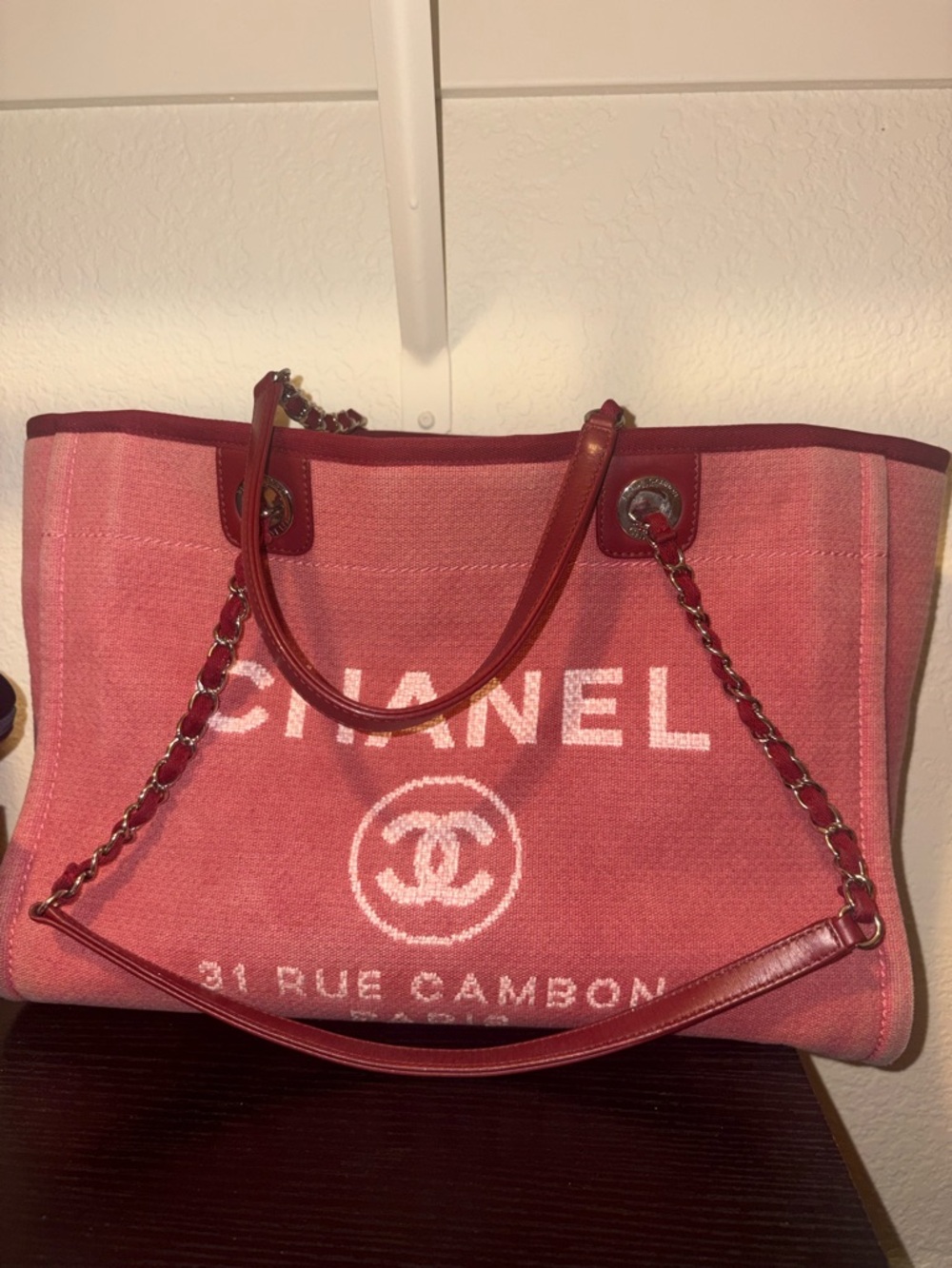CHANEL Coral Pink Canvas Tote with Chain-Strap Handles - Picture 5 of 6